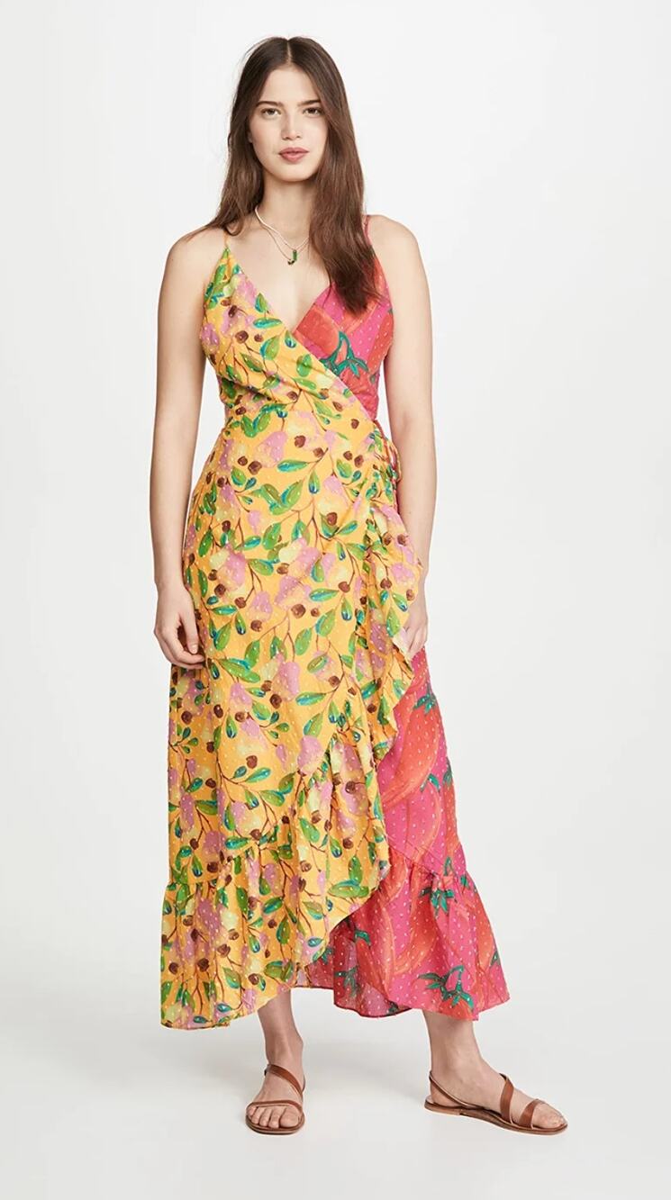 Farm Rio Wrap Dress Womens XS Yellow Pink Garden Mix Colorful Fruit Print Boho